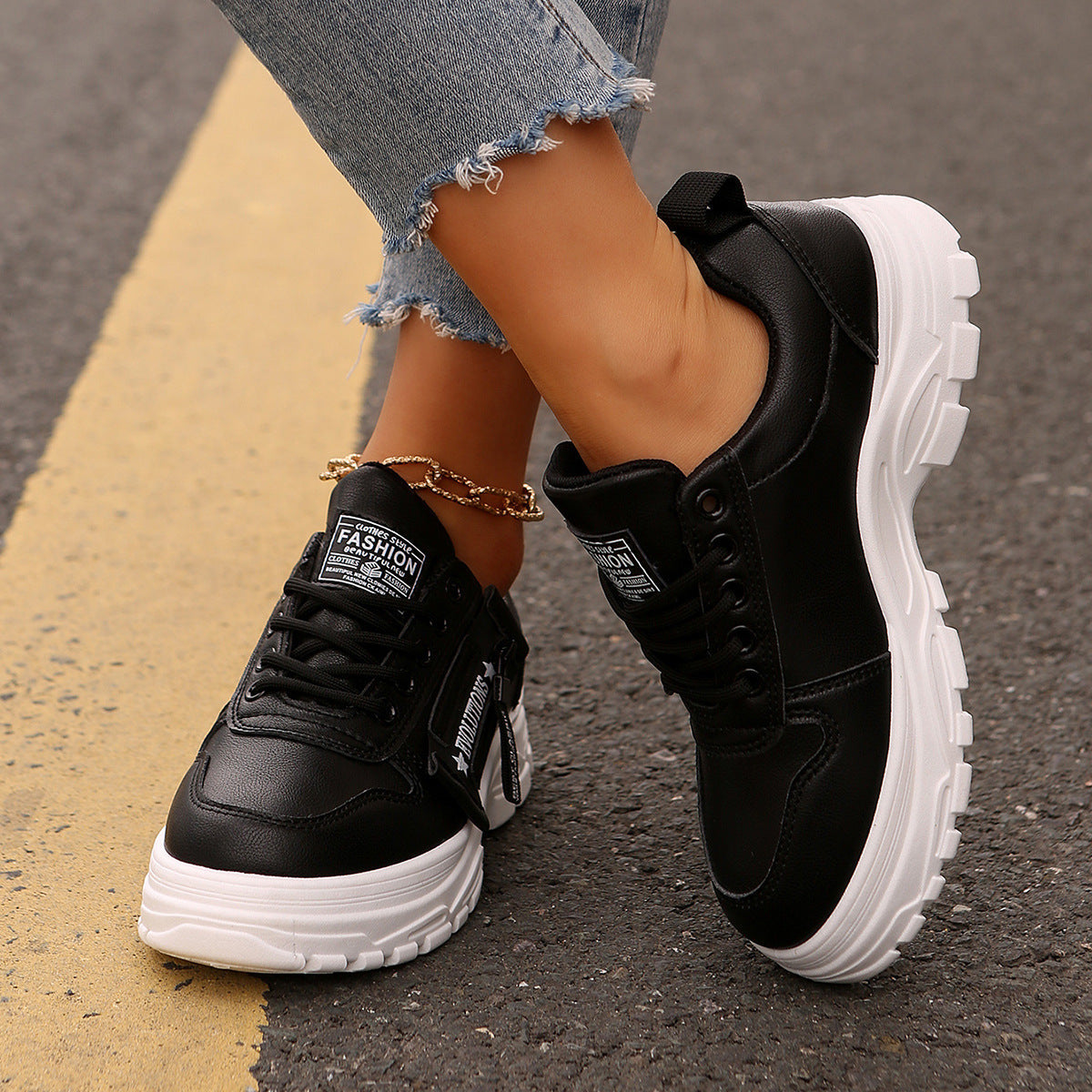 Lace Up Side Zipper Platform Sneakers