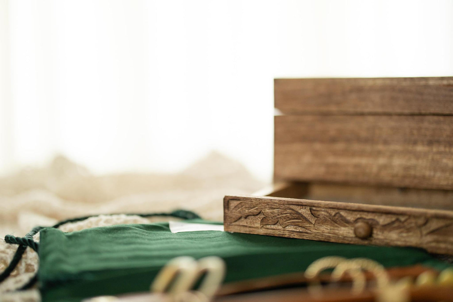 Hand-Carved Mango Wood Jewelry Box with Mirror & Drawer