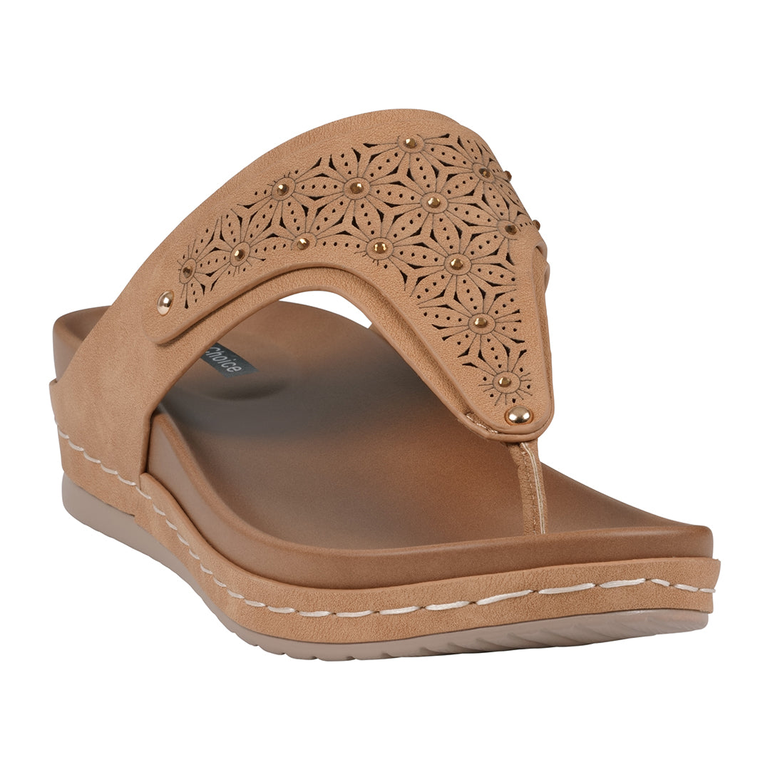 Tani Laser-Cut Thong Wedge Sandal in Tan