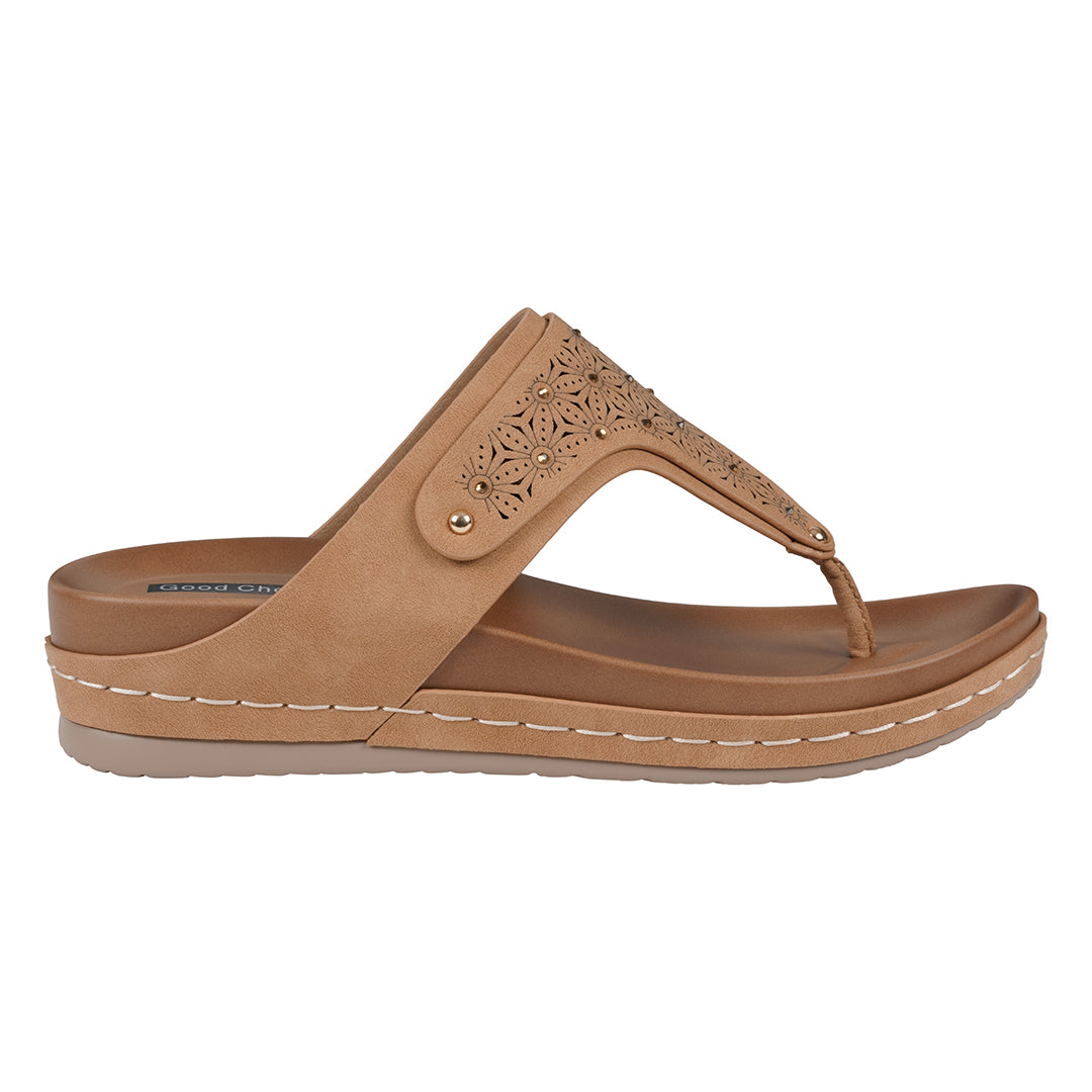 Tani Laser-Cut Thong Wedge Sandal in Tan