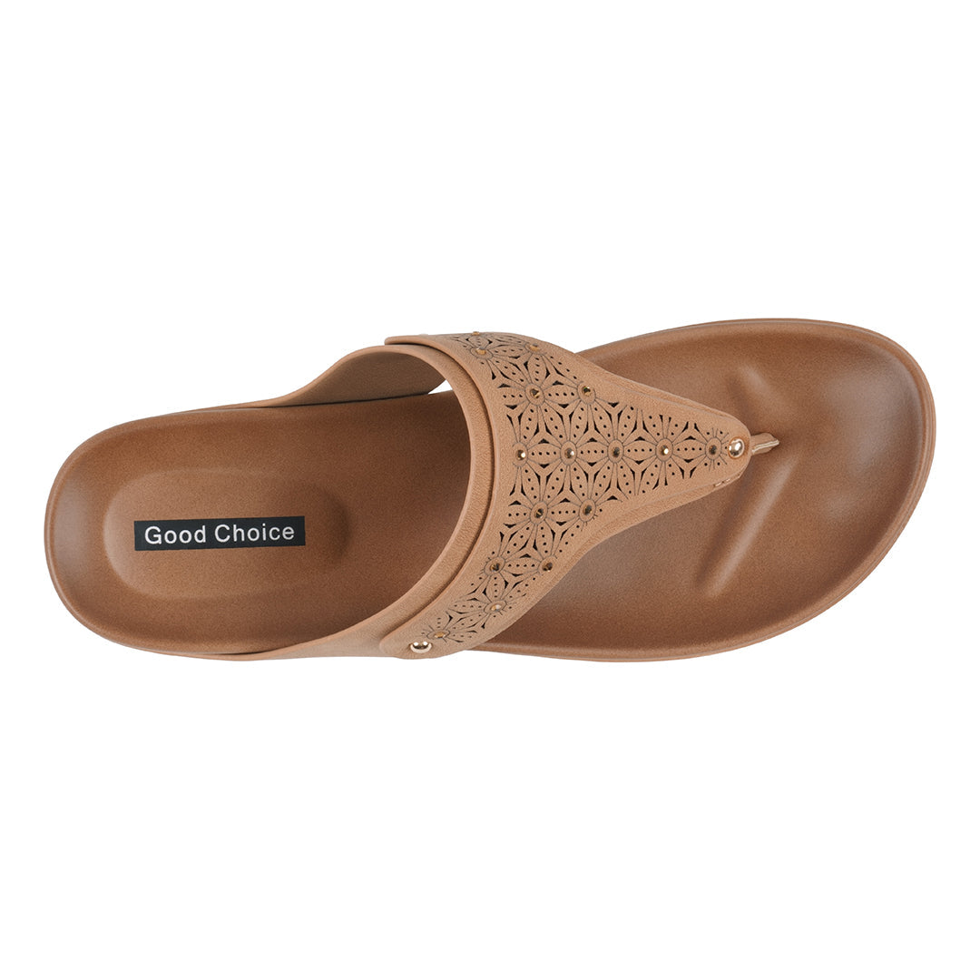 Tani Laser-Cut Thong Wedge Sandal in Tan