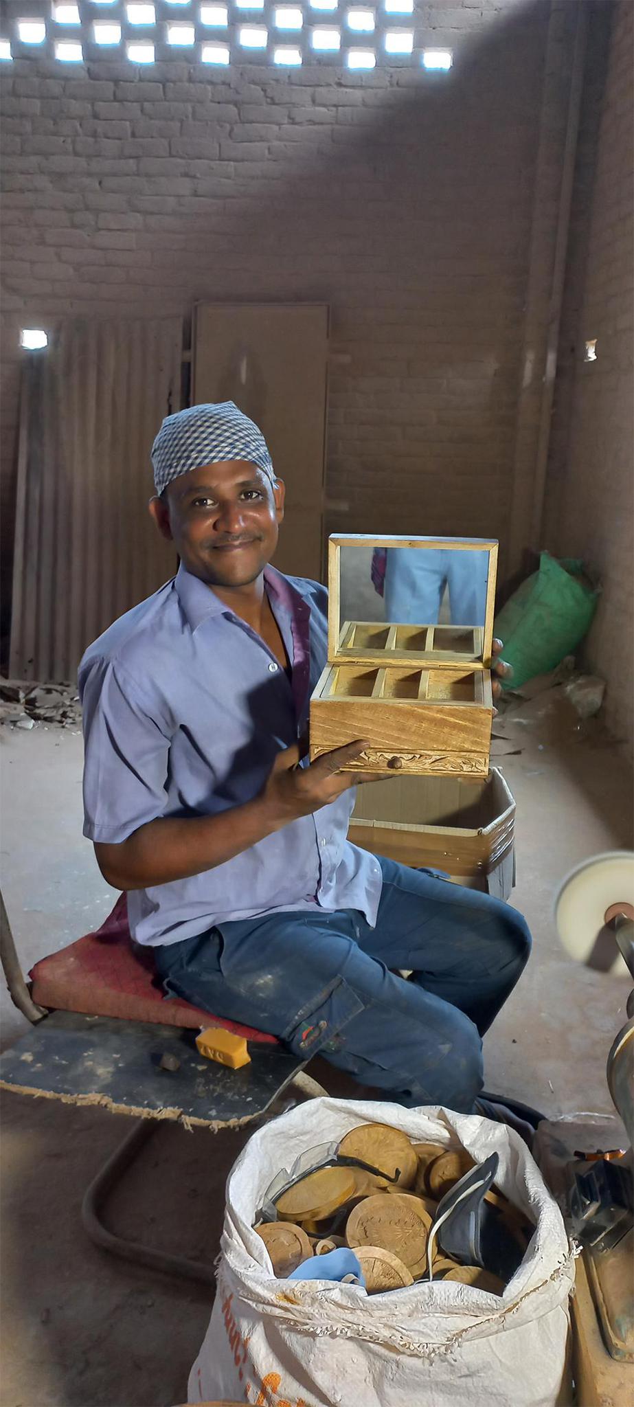 Hand-Carved Mango Wood Jewelry Box with Mirror & Drawer