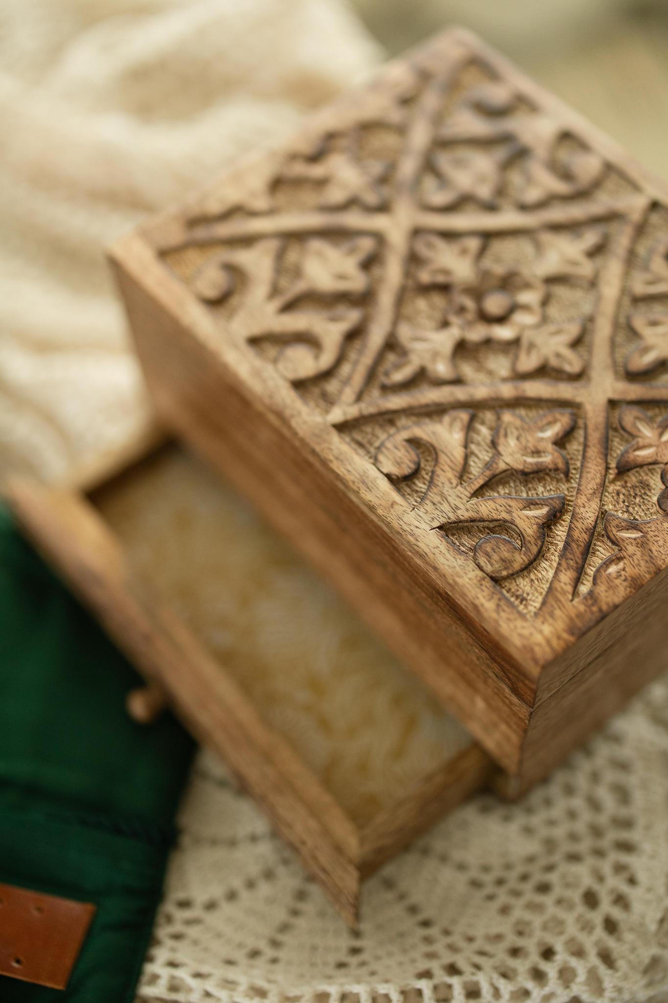 Hand-Carved Mango Wood Jewelry Box with Mirror & Drawer