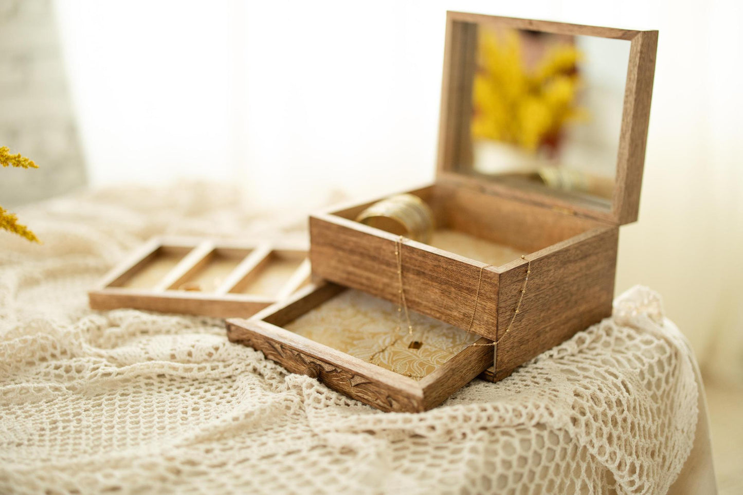 Hand-Carved Mango Wood Jewelry Box with Mirror & Drawer