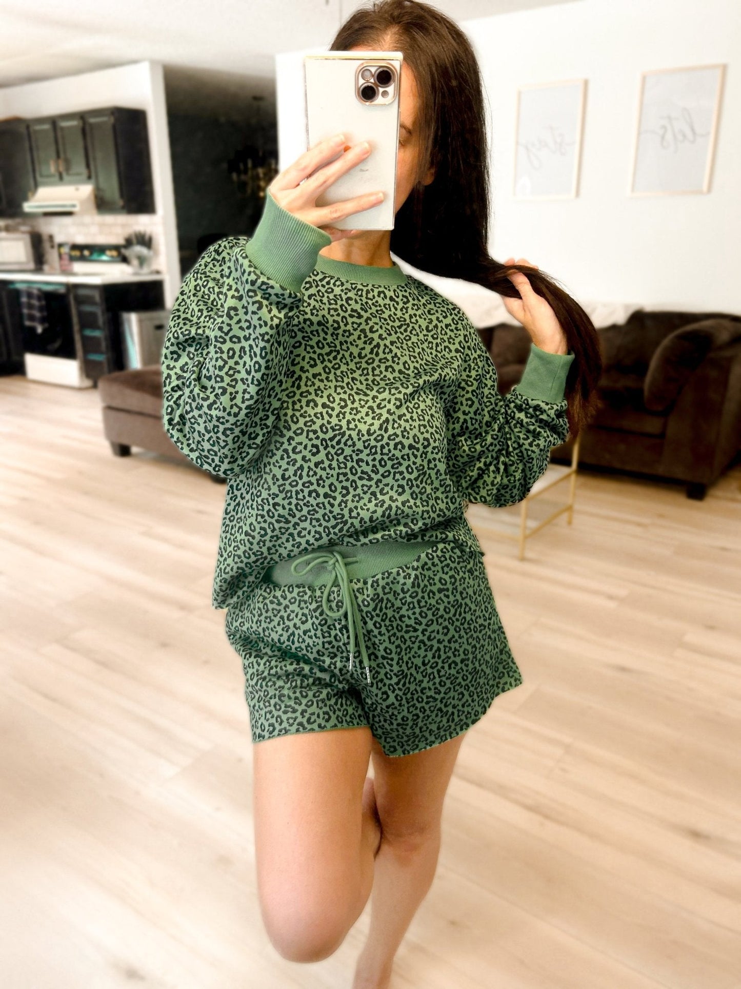 Ribbed Leopard Print Two Piece Raw Hem Short Set