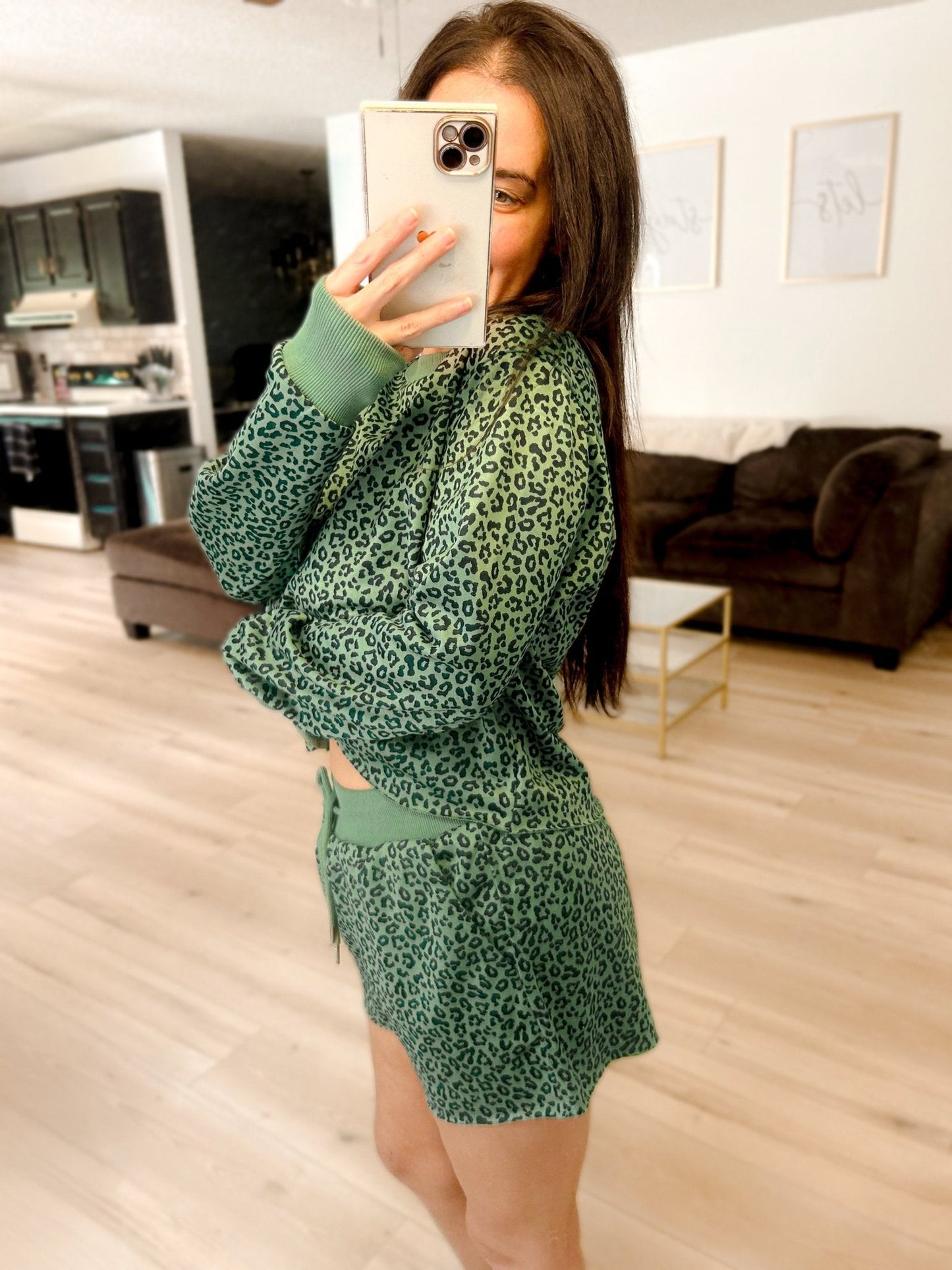 Ribbed Leopard Print Two Piece Raw Hem Short Set